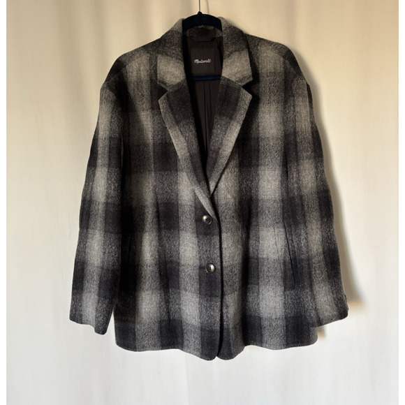 Madewell Dorset Blazer Jacket XL Plaid Check Buffalo Black White Wool Oversized - Picture 2 of 15